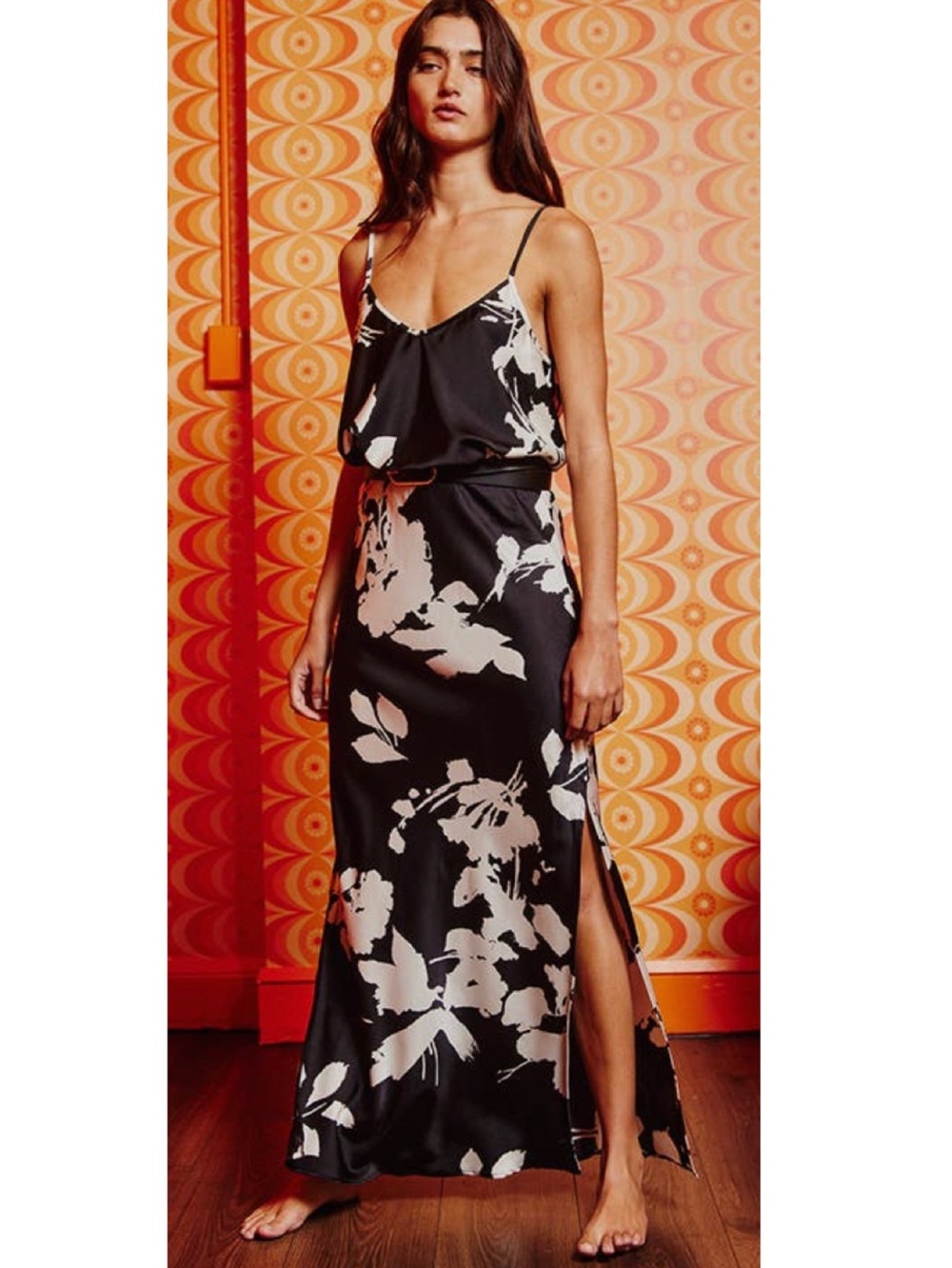 BUCKETLIST Black Maxi Skirt with Cream Floral Print and Side Slit